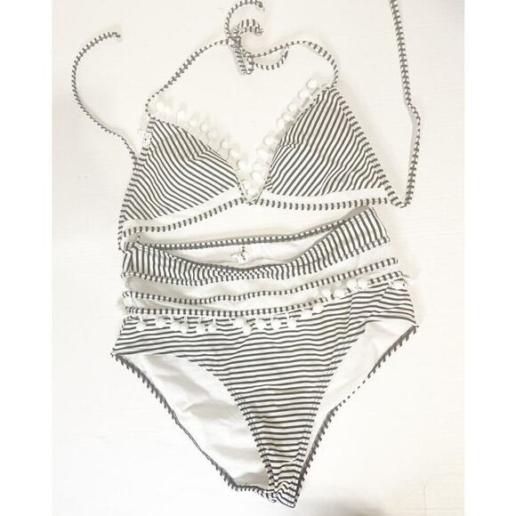 NWOT COCOSHIP Mesh Striped High Waist Bikini Set Tassel Trim Top Halter Swimsuit - Picture 3 of 4
